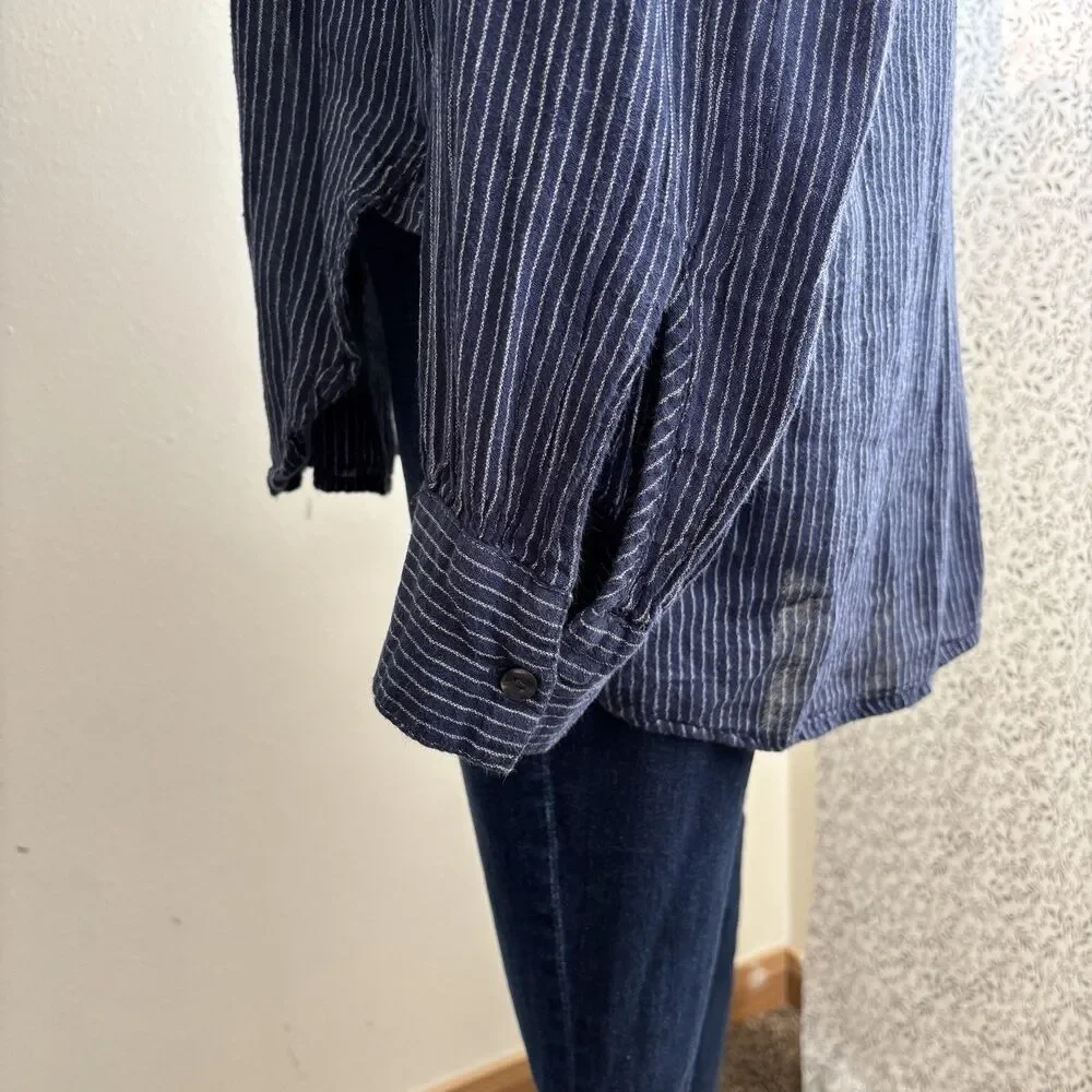 Old Navy Tunic Blouse Womens L Navy White Stripe 100% Cotton Button Front